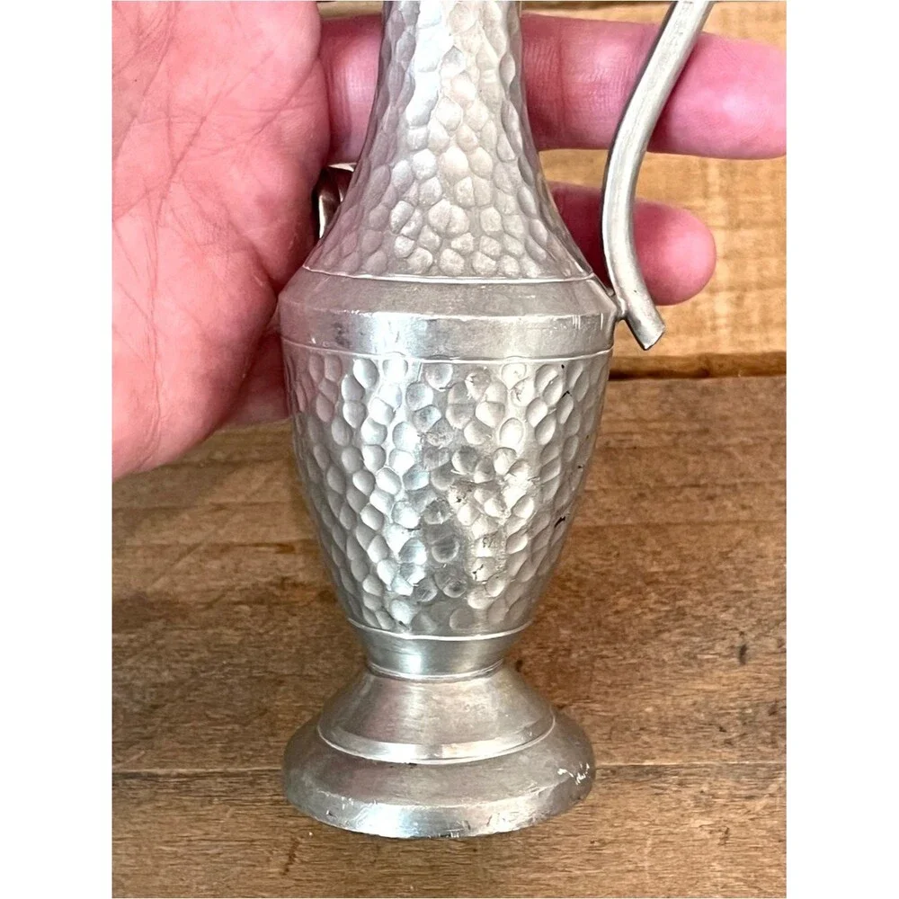 Vintage Heavy TKF Handmade Indonesia Hammered Pewter Ewer Pitcher
